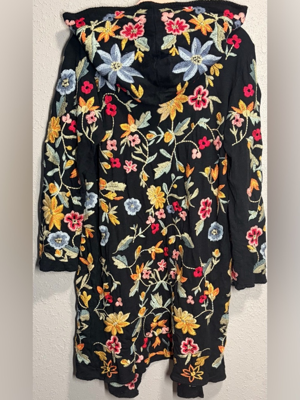 Johnny Was Biya Embroidered Hooded Cardigan Jacket Black Floral Boho Size M